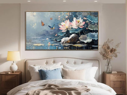 Ardemy Lotus Floral Canvas Wall Art Lrage Framed Pictures Wall Decor Living Room Flower Paintings Artwork for Walls Bedroom Kitchen Dining Room Home Office, 48"x24"