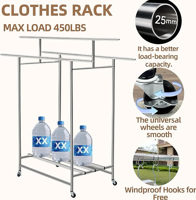 Stainless Steel Clothes Rack, 3-Rod Garment Rack for Hanging Clothes with 4 Wheels Load 600 LBS
