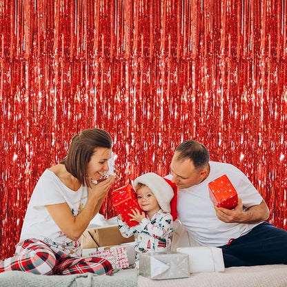 GOER 3.2 ft x 8.2 ft Metallic Tinsel Foil Fringe Curtains,Party Streamer Backdrop for Birthday,Graduation Decorations and New Year Eve (2 Packs,Red)