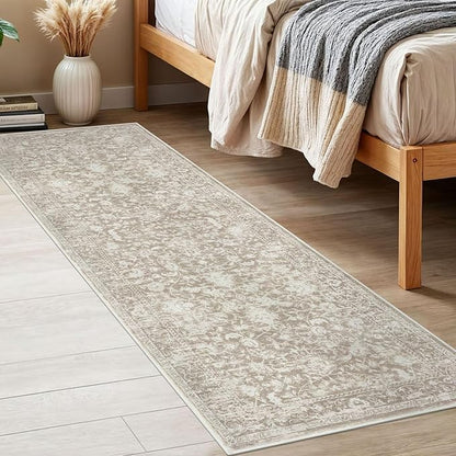 KILOCOCO Hallway Runner 2x6 Kitchen Runner Rug Printed Vintage Floral Washable Non-Slip Runners for Hallways Laundry Room Rugs Distressed Boho Rugs Runners for Bedroom, Beige