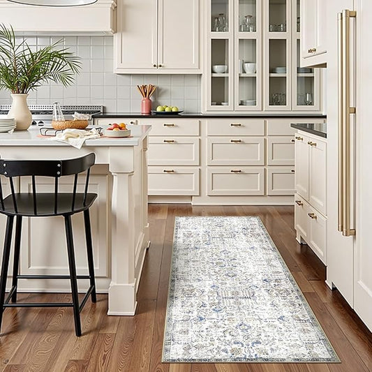 jinchan Runner Rug 2x5 Washable Hallway Rug Vintage Indoor Thin Retro Floor Cover Distressed Floral Country Lightweight Non Slip Carpet for Entryway Bathroom Kitchen Bedroom Living Room Blue