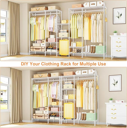 Ulif F4 Heavy Duty Clothes Rack (With Hanger Rod) Freestanding Clothing Racks for Hanging Clothes，Adjustable Closet Organizer System, Portable Garment Rack 45"W x 15.8"D x 71.3"H,Max Load 600LBS,White