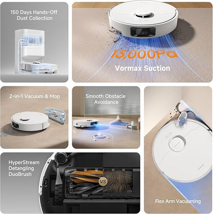 DREAME D20 Pro Plus Robot Vacuum, 13,000Pa Suction, DuoBrush for Pet Hair, Corner Cleaning, Self Emptying, LDS Navigation Laser Avoidance, Vacuum Mop, Hard Floors&Carpets, 5,200mAh Battery White