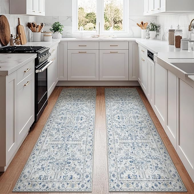 jinchan Kitchen Runner Rug 3x10-2pcs, Bohemian Hallway Washable Rug Floral Non Slip with Rubber Backing Vintage Carpet Runner for Bedroom Bathroom Laundry Room Living Room Decor Blue