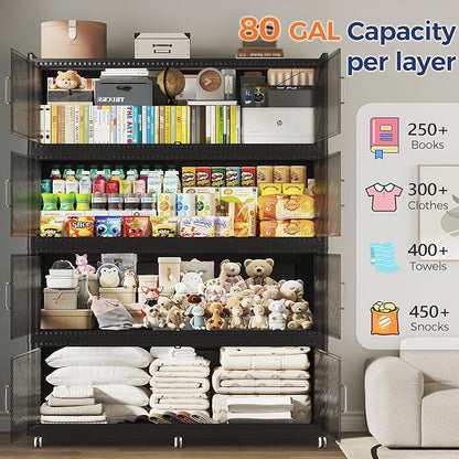 240 Gallon Extra Large Collapsible Storage Bin with Lid, 960QT Stackable Plastic Organizer with 6x Wheels, Foldable Drawer Cabinet for Closet, Living Room Office, Kitchen 3Pack, Black
