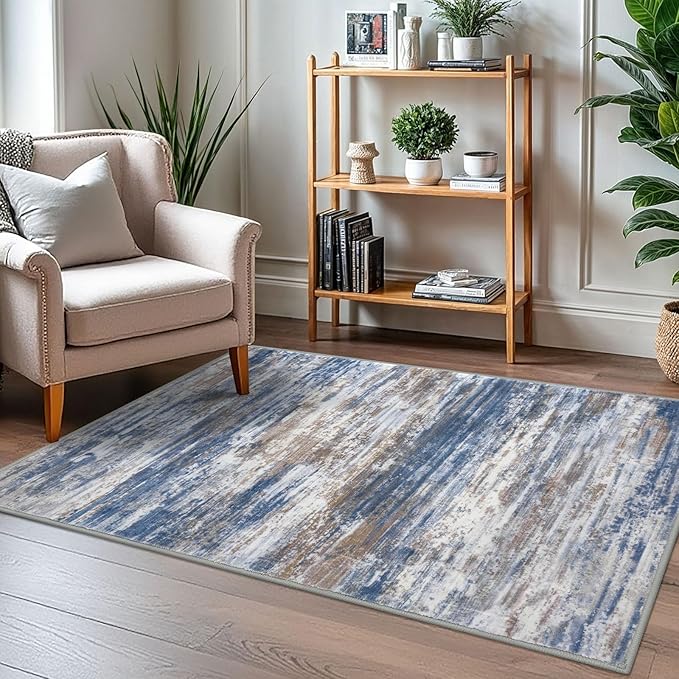 KOZYFLY Modern Abstract 3x5 Area Rug Washable Bedroom Rug Blue Rust, Throw Entry Mat Non-Slip Stain Resistant Carpet Dining Room Rug with Soft Low Pile for Living Room Kitchen Bath Office
