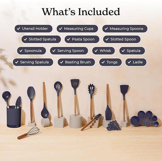 Silicone Kitchen Utensils Set & Holder: Cooking Utensils Set - Kitchen Essentials for New Home & 1st Apartment- Silicone Spatula Set, Cooking Spoons for Nonstick Cookware (Acacia Wood, Grey)