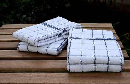 AMOUR INFINI Terry Cotton Kitchen Towels 4-Pack - Large 18 x 28 Inch, Absorbent & Soft Dish Towel with Hanging Loop, Washable Ideal for Cleaning, Drying (Blue)