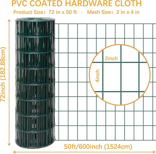 Green Metal Garden Fence, 72inch(H) x 50ft(L), 2 inch x 4 inch,12.5GA 2/3/4/5/6 Ft Tall Chicken Wire PVC Coated Welded Wire Mesh Roll for Dogs Border Yard Vegetable Plant Protection Poultry Netting