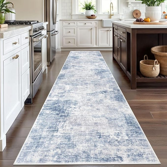 IOHOUZE Abstract Runner Rug 3x12 Ft Washable Runners for Hallways, Non Slip Kitchen Runner Printed Faux Wool Entryway Runner Indoor, Modern Abstract Floor Carpet for Hall Kitchen, Light Blue White