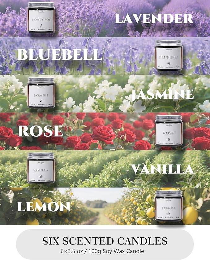 6 Pack Non-Toxic Soy Wax Scented Candles Gift Set, 21oz 120H Long Burn Time, Amber Jar Candles, Gift for Women Unique, Christmas Birthday Self Care Relaxation Spa Aromatherapy Gifts