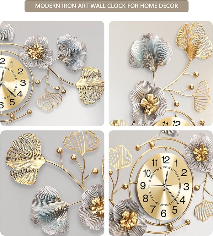 Clocks for Living Room, Large Wall Clock, 3D Silent Wall Clock, Retro Metal Ginkgo Leaf Design, for Bedroom Kitchen Decorative Wall Clocks（32''x18'' ）