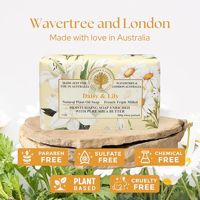 Wavertree & London Daisy & Lily Scented Natural Soap Bar, 7oz Moisturizing French Triple Milled Soap Bar for Women & Men Enriched with Organic Shea Butter, Pure Bath & Body Soap (1 Bar)