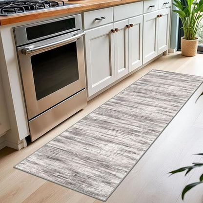KOZYFLY Modern Abstract Washable Rug Runner 2x7 Hallway Runner Rug Non-Slip Soft Kitchen Runner Rugs, Print Grey-Beige Striped Carpet Runner for Entryway Bathroom Laundry Room Foyer