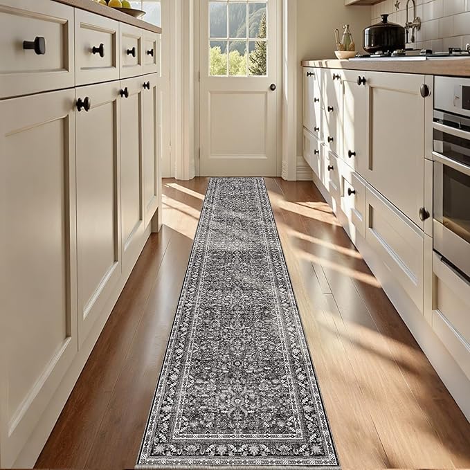 OPPODREAM Thin Vintage Black 2x12 Runner Rug, 2 x 12 Retro Washable Rug Non Slip, Low-Pile Faux Wool Carpet, Distressed Floor Mat for Kitchen, Hallway, Entry-Way, Entrance, Indoor Back Door