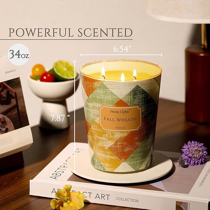 HomeLights Scented Candles | Large Jar 34 Oz Natural Soy Candle | 130 hrs Long-Lasting with 3 Wicks | Rustic Modern Home Decor | Gifts for Mom & Women, Fall Wreath
