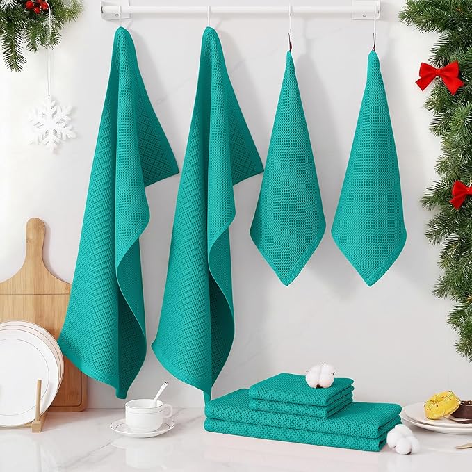 Homaxy 100% Cotton Kitchen Towels and Dishcloths Set, 12 x 12 Inches and 13 x 28 Inches, Set of 16 Bulk Kitchen Towels Set, Ultra Soft Absorbent Dish Cloths for Washing Dishes, Teal