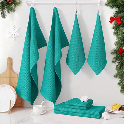 Homaxy 100% Cotton Kitchen Towels and Dishcloths Set, 12 x 12 Inches and 13 x 28 Inches, Set of 16 Bulk Kitchen Towels Set, Ultra Soft Absorbent Dish Cloths for Washing Dishes, Teal