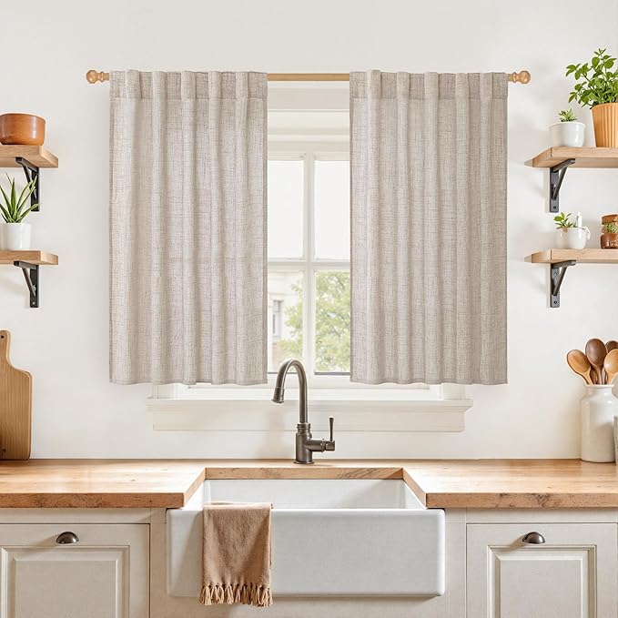 YoungsTex Short Linen Curtains 40 Inch Length for Kitchen Window Over Sink, Semi Sheer Cafe Drapes Light Filtering with Rod Pocket Back Tab for Bathroom, 42 X 40 Inch, 2 Panels