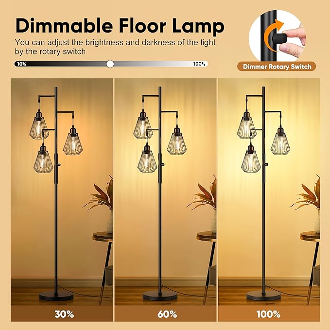 QiMH Industrial Floor Lamps for Living Room, Tree Standing Lamp with Stepless Dimmable, 68" Modern Tall Stand up Lamps for Bedroom Study Office, E26 Socket, 3 LED Bulb Included, Black