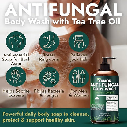 Antifungal Body Wash with Tea Tree Oil | Antibacterial Soap for Back Acne,Treats Ringworm, Eczema & Jock Itch | Antibacterial Body Soap For Men And Women | Includes Silicon Scrubber (16.9 oz)