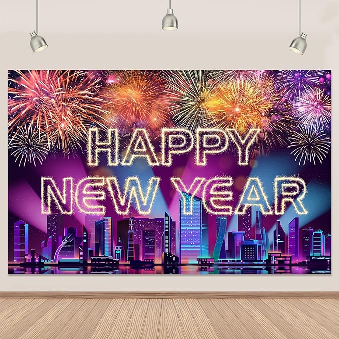 Happy New Year Banner 2026 Purple New York City Night View Manhattan Backdrop Retyshia Sparkling Fireworks Happy New Year Decorations Banner for NYE Party Photo Booth 5.9×3.6 Ft (Polyester)