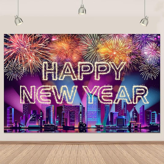 Happy New Year Banner 2026 Purple New York City Night View Manhattan Backdrop Retyshia Sparkling Fireworks Happy New Year Decorations Banner for NYE Party Photo Booth 5.9×3.6 Ft (Polyester)