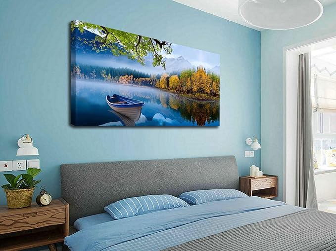 Arjun Lake Canvas Wall Art for Living Room Blue Mountain Picture Bedroom Sky Nature Landscape Boat Artwork Modern Scenic Nature Painting Framed Large Size Home Office Dining Room Wall Decor 40"x20"