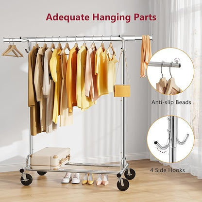 Tajsoon Clothes Rack with Cover, Heavy Duty Clothing Rack with Sturdy Wheels Load 350 LBS, Rolling Garment Racks with Extendable Hanging Rod & 4 Hooks, Chrome