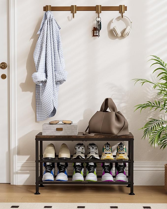 3-Tier Shoe Rack Bench - Entryway Organizer with Shoe Storage, Sturdy Shoe Shelf for Front Door, Small Space Saving Furniture, Brown, 27.2" x 12.0" x 15.9"