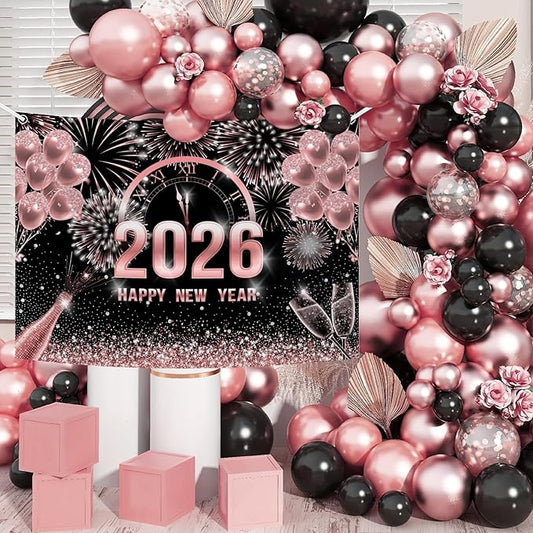 MEHOFOND 7x5ft Rose Gold 2026 Happy New Year Backdrop Cheers to 2026 New Year Eve Glitter Photography Background Hello 2026 Party Champagne Balloon Fireworks Decor Banner Cake Smash Photo Props