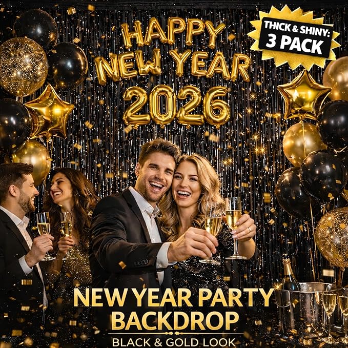 Glossy Black Foil Fringe Curtains – 3 Pack Metallic Tinsel Backdrop for New Year’s Eve & Party Decorations, 3.2 x 8.2 ft, Easy Peel & Stick, Party Photo Background