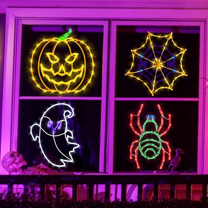 Halloween Decorations - 16" Halloween Window Silhouette Lights - 4 Pack Colour Lighted Spider & Ghost & Pumpkin & Spider Web for Holiday Indoor and Outdoor Wall Door Window Decorate