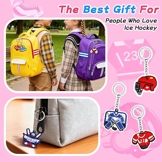 30 Pcs Valentine’s Gift Ice Hockey Keychains Bulk With Greeting Cards for Kids Sports Key Chain Party Favors School Classroom Gifts Exchange Hockey Goodie Bags Stuffers for Boys and Girls