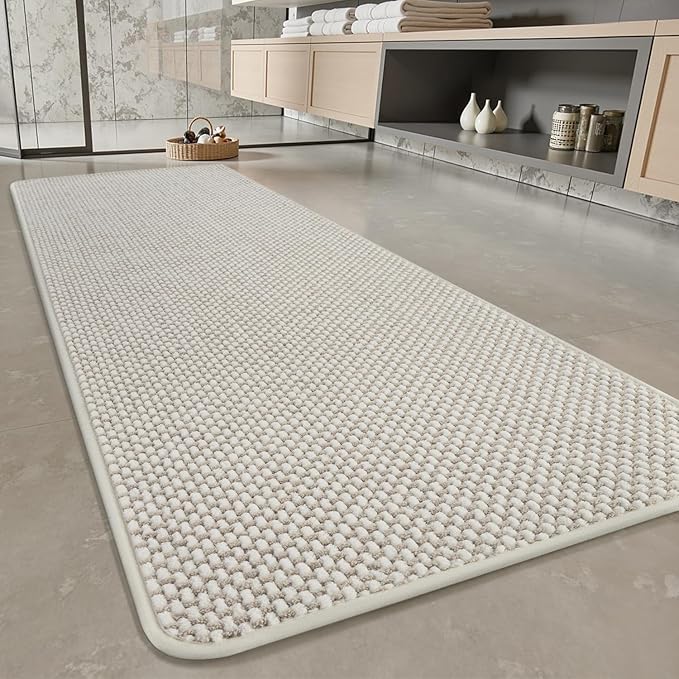 PADOOR-Bath Mat Runner-Super Absorbent Chenille Bathroom Mats-Rubber Backed Bath Mats for Bathroom Non Slip, Easy Clean Bathroom Runner Rugs Front of Bathtub,Shower Room,Sink-24×48, Beige&Cream