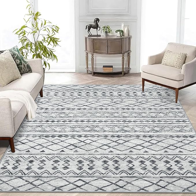 KUTA Area Rug 5x7 Grey, Washable Boho Large Living Room Moroccan Rugs Non-Slip, Ultra Soft Geometric Traditional Farmhouse Carpet for Dining Room Bedroom Dorm Office Home Décor