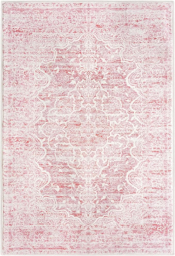 KUTA Vintage Entryway Rug - Indoor Pink Washable 2x3 Non-Slip Ultra Soft Printed Oriental Floral Doormat Accent Rug for Entrance and Bedroom Nursery