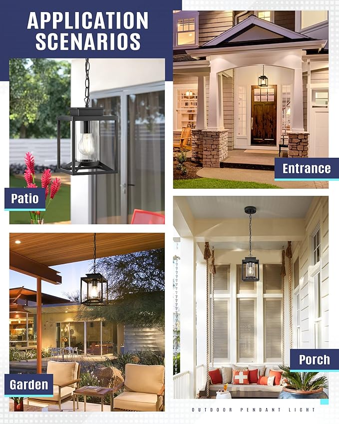 Outdoor Pendant Light for Porch, 1-Light Black Hanging Porch Light Modern Exterior Hanging Lantern with Cylinder Glass and Adjustable Chain for Gazebo, 2353/1H