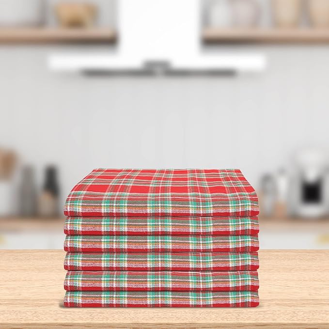 Christmas Kitchen Towels Set of 6, Soft Premium Cotton Highly Absorbent Towels 18x28 Inches, Washable & Reusable, Quick Drying Dish Cloths with Mitered Corner - Red/Green/White, Checks