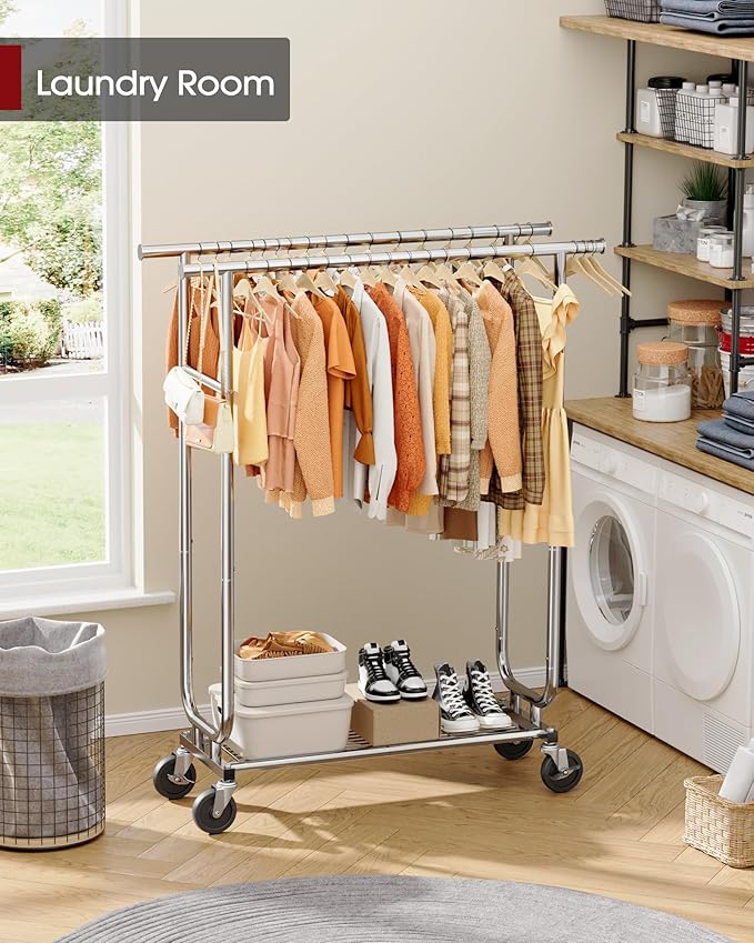 Stainless Steel Rolling Clothes Rack with Mesh Shelf, Lockable Wheels & Anti-Slip Stoppers, Freestanding Clothing Organizer for Bedroom, Laundry Room, 43.5" x 16.5" x 65.9", Silver