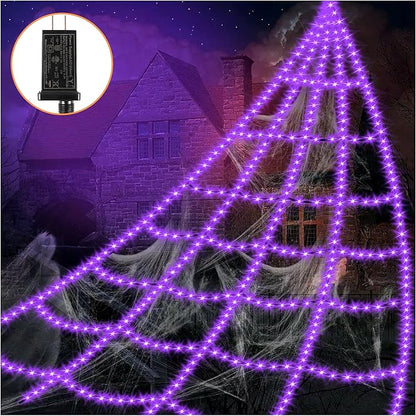 Halloween Decorations Outdoor Spider Web Lights - 16.4Ft Light Up Spider Web with 550 LEDs, Waterproof, 8 Modes Memory Function for Outdoor Yard Halloween Decorations (Without Spider)