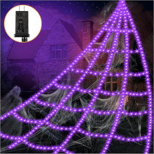 Halloween Decorations Outdoor Spider Web Lights - 16.4Ft Light Up Spider Web with 550 LEDs, Waterproof, 8 Modes Memory Function for Outdoor Yard Halloween Decorations (Without Spider)