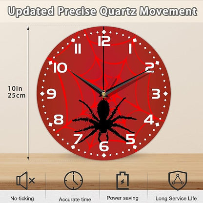 Spider On Spider Web Wall Clock Vintage Wooden Wall Clock Silent Non-Ticking Battery Operated Arabic Numerals Wall Clocks Decorative for Kitchen, Office, Classroom 10 Inch