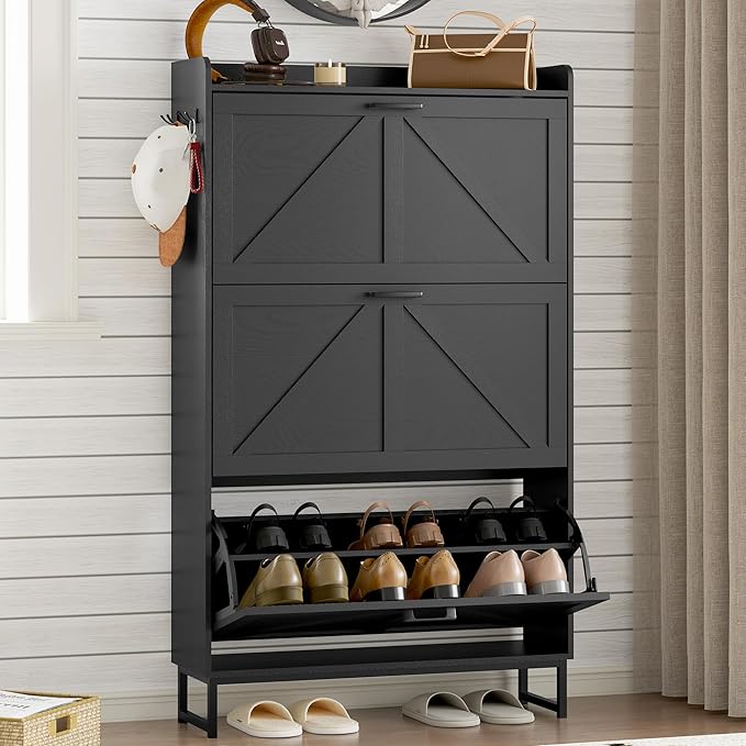 Shoe Cabinet with 3 Flip Drawers Narrow Shoe Storage Cabinet Organizer Wooden Freestanding Shoe Rack Hidden Slim Shoes Storage Cabinet for Entryway, Hallway, Living Room, Bedroom