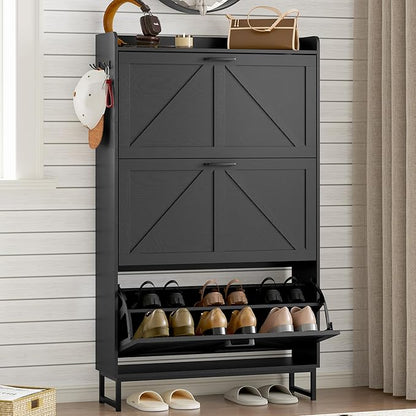 Shoe Cabinet with 3 Flip Drawers Narrow Shoe Storage Cabinet Organizer Wooden Freestanding Shoe Rack Hidden Slim Shoes Storage Cabinet for Entryway, Hallway, Living Room, Bedroom