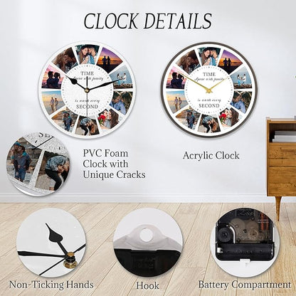 Personalized Photo Collage Wall Clock - 10 Picture Family Quote Clock, Custom Rustic Farmhouse Style for Home, Kitchen, Living Room, Silent Battery Powered, Gift for Christmas