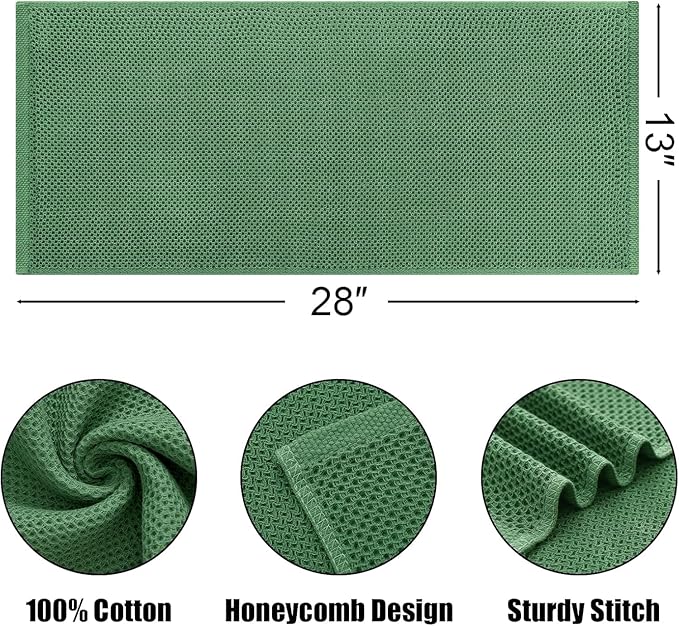 Kitinjoy 100% Cotton Waffle Weave Kitchen Towels, 12-Pack Super Soft and Absorbent Dish Rags for Drying Dishes, Kitchen Hand Towels, 13 in x 28 in, Grass Green