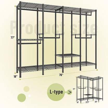 Raybee Clothes Rack for Hanging Clothes,Clothing Rack with Shelves,Portable Closet,Adjustable,76" W x 77" H x 18" D,Max Load 1150lbs,Black