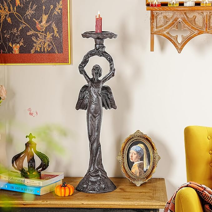 Sungmor Vintage Cast Iron Angel Candlestick Holder – 22.6” Antique Gothic Candle Stand for Home Decor, Taper & Pillar Candles, Rustic Black Decorative Centerpiece