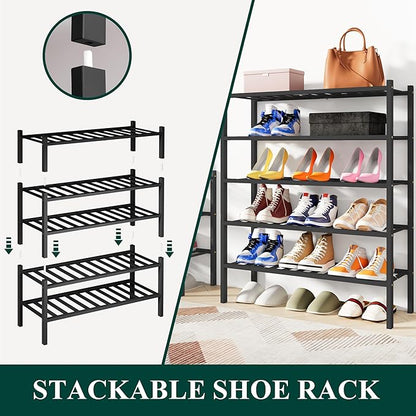 Smiry Shoe Rack, 4 Tier Bamboo Shoe Organizer, Stackable Free Standing Wooden Shoe Storage Shelf for Closet, Entryway, Front Door Entrance, Black